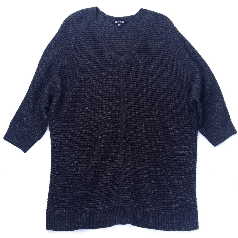Ellen Tracy Charcoal Gray Gilded Black V-Neck Ribbed Women's Tunic Sweater XXL